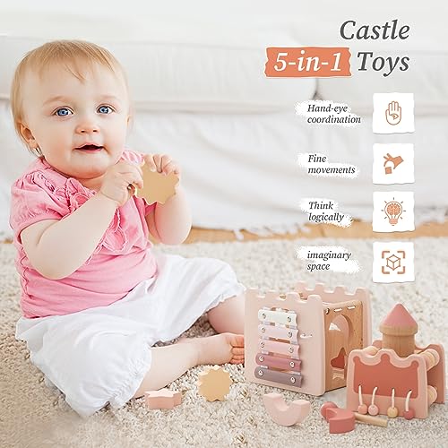 Wooden Baby Activity Cube for Toddlers 1-3,5 in 1 Castle Shape Sorter Bead Maze Montessori Toys for Baby 6 Months+, Educational Learning Toy for Kids Wooden Teether