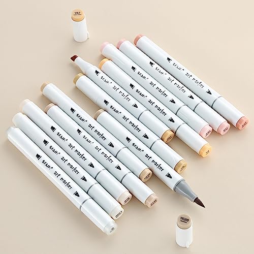Skin Tone Alcohol Markers Set - 12 Light Skin Colors Dual Tip Alcohol Based Markers Brush Tip and Chisel Tip, Art Drawing Permanent Markers for