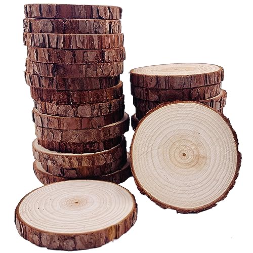 William Craft Natural Wood Slices 25 Pcs 3.1-3.5 Inches Unfinished Wood Craft Kit Undrilled Wooden Circles Without Hole Tree Slice with Bark for Arts William Craft