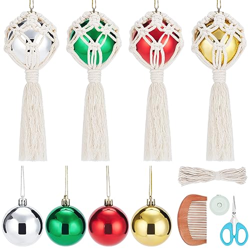 FREEBLOSS 4 Set DIY Macrame Christmas Ball Kit Macrame Christmas Ornaments Macrame Kit with Instructions for Beginners Macrame Hanging for Christmas FREEBLOSS