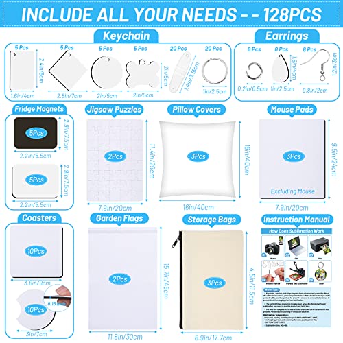 128 PCS Sublimation Blanks Products, Modacraft Christmas Ornaments Crafts Sublimation Starter Kit with Instruction Manual, Blank Makeup Bag Fridge Modacraft