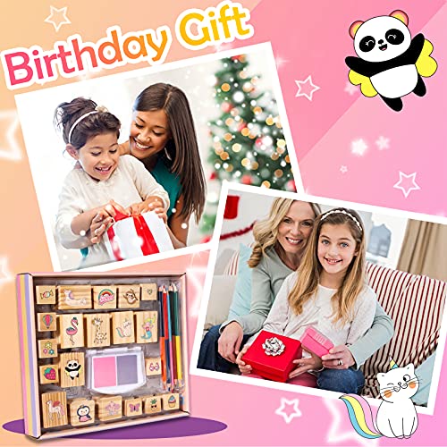 Unicorn Wooden Stamp and Sticker Set for Girls, Unicorn, Mermaid, Panda, Alpaca, Sloth, Cats, Rainbow, Butterfly Stamps, Activity Craft Set for Girls YOYTOO