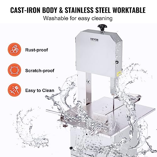 VEVOR Commercial Electric Meat Bandsaw, 850W Vertical Bone Sawing Machine, Stainless Steel 23.6" x 18.3" Workbench, Frozen Meat Cutter with 2 Blades, VEVOR