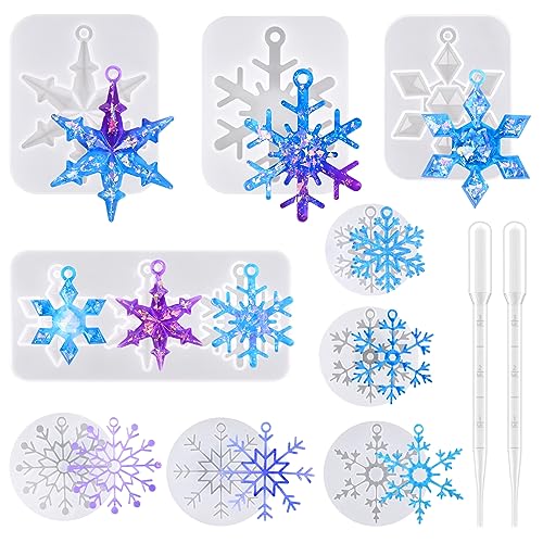 Actvty Snowflake Resin Molds Silicone, 9 Pieces Snowflake Resin Casting Molds, Christmas Ornament Resin Molds DIY Resin Crafts Jewelry Pendant Xmas Actvty
