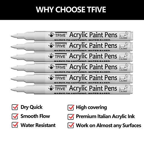 White Marker Paint Pens - 6 Pack Acrylic White Permanent Marker, 0.7mm Extra Fine Tip Paint Pen for Art projects, Drawing, Rock Painting, Stone, TFIVE