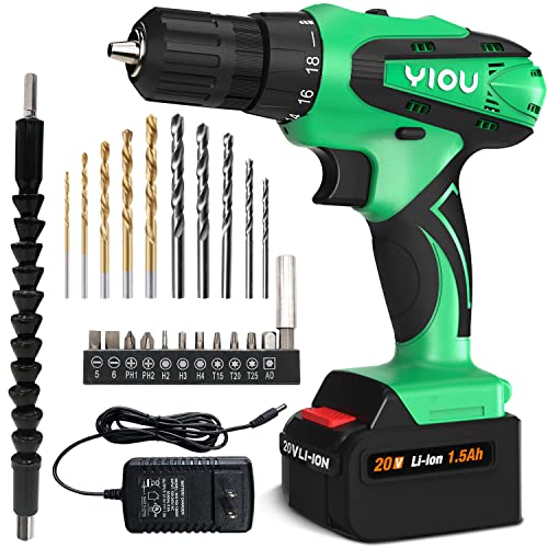 YIOU 20V MAX Cordless Drill, 18 Position Clutch Drill with 23PCS Drill Set, 3/8 Inches Keyless Chuck Power Drill and Battery Charger, Green Driller YIOU