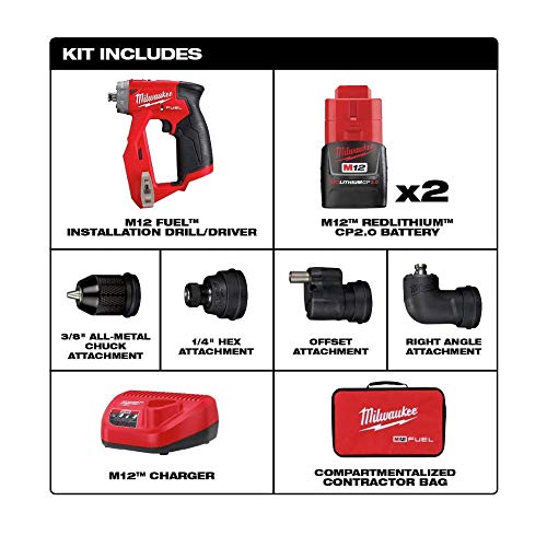Milwaukee 2505-22 M12 Fuel Installation Drill/Driver Kit, Compact, Forward/Reverse Switch, Keyless Chuck, LED Light, Variable Speed Milwaukee