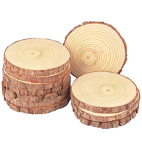 11 PCS 6.3-7.1 Inch Natural Wood Slices, Unfinished Pine Wood Circles with Barks for Coasters, DIY Crafts, Christmas Rustic Wedding Ornaments and GNIEMCKIN
