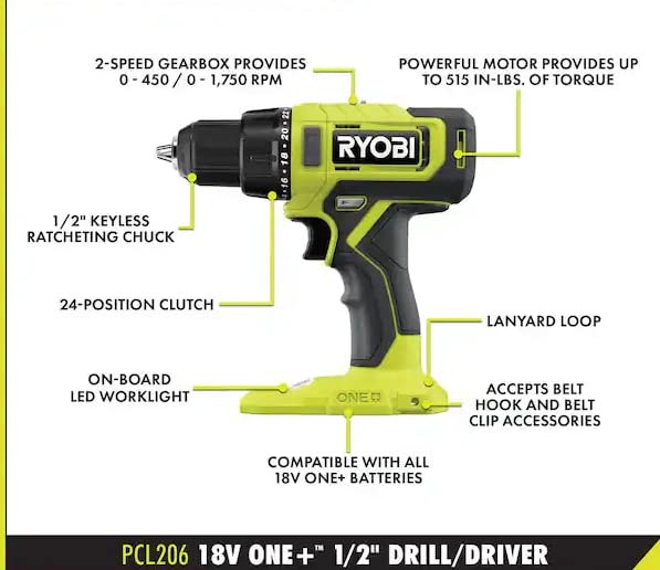 RYOBI ONE+ 18V Cordless 1/2 in. Drill/Driver Kit with (1) 1.5 Ah Battery and Charger RYOBI