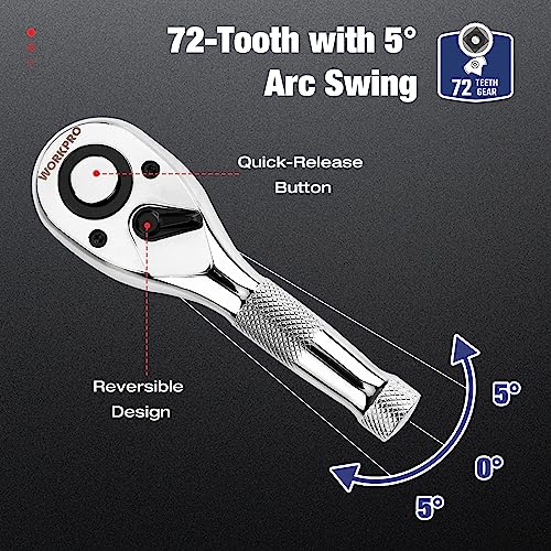 WORKPRO 3-Piece Stubby Ratchet Set, Quick Release Reversible, 1/4", 3/8", 1/2" Drive Mini Ratchet Handle, Small Ratchet Set, Chrome Alloy Made, CR-MO WORKPRO