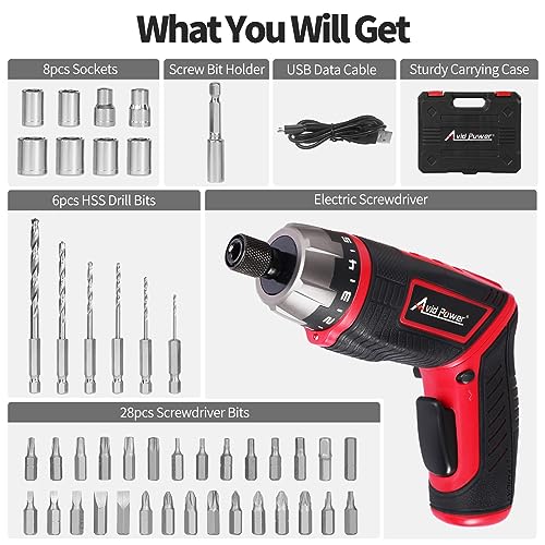 AVID POWER Electric Screwdriver Set Rechargeable 4V Cordless Screwdriver Kit with 44pcs Accessories, 5.65Nm Screw Gun, 5+1 Torque Setting, 2 Position AVID POWER
