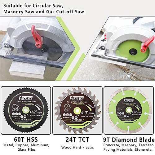FACHLICH 4-1/2" Circular Saw Blades Set,6pcs HSS/TCT/Diamond Saw Blades for Cutting Wood Metal Plastic Tile 3/8 inch Arbor FACHLICH