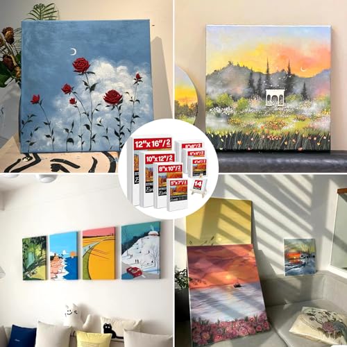14 Packs Stretched Canvases for Painting, MultiSize 12x16, 10x12, 8x10, 5x7, 8x8, 6x6, 4x4 (2 of Each), Primed Blank Canvas for Oil, Acrylic ESRICH