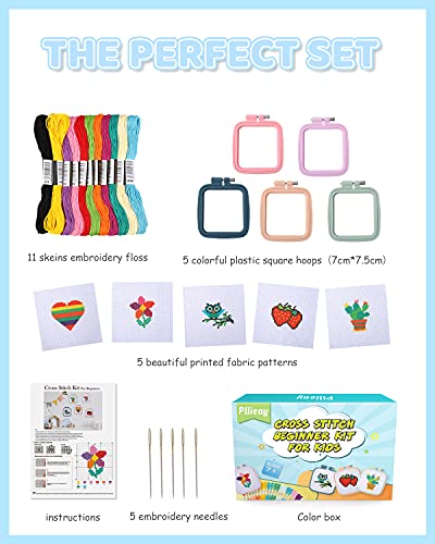 Pllieay 5PCS Cross Stitch Kits for Beginners for Kids 7-13, Includes 5 Project Patterned and 5pcs Square Embroidery Hoops, 11 Skeins, Needle Point Pllieay