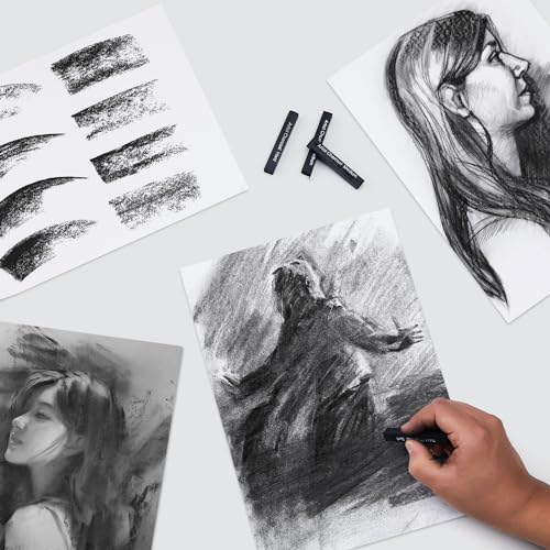 PANDAFLY Compressed Charcoal Sticks, 12 Pieces (Soft, Medium, Hard) Square Vine Charcoal Sticks for Drawing, Sketching, Shading, Charcoal Drawing Set PANDAFLY