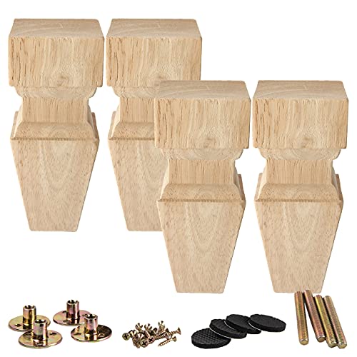 La Vane 6 inch / 15cm Wooden Furniture Legs, Set of 4 Carved Geometry Solid Wood Unfinished Replacement Bun Feet with Mounting Plate & Screws for La Vane