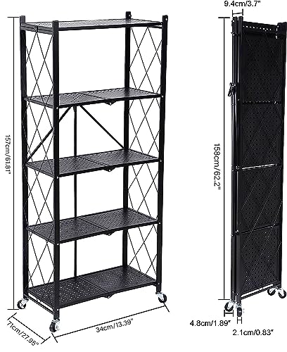 HealSmart 5-Tier Heavy Duty Foldable Metal Rack Storage Shelving Unit with Wheels Moving Easily Organizer Shelves Great for Garage Kitchen, Black HealSmart