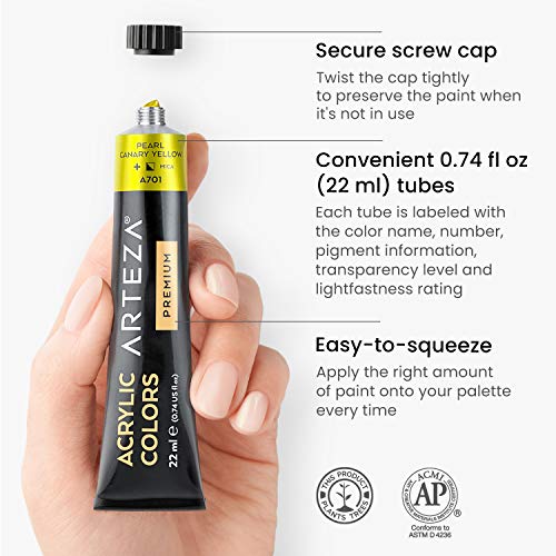 Arteza Metallic Acrylic Painting Art Set, 12 Colors Acrylic Paint, 15 Detail Brushes and 7x8.6 Inches Foldable Canvas Paper Pad Bundle, Art Supplies ARTEZA