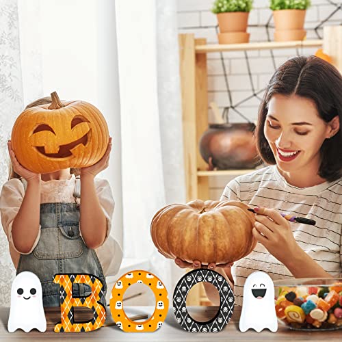Whaline 6Pcs Halloween Wooden Ghost Cutouts Letter Boo Unfinished Table Wooden Signs Blank Ghost Freestanding Ornament for Halloween Home Kitchen Whaline