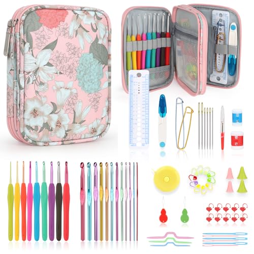 Katech Crochet Hooks Set with Crochet Case, 73-Piece Crochet Hooks Kit Knitting Accessories Ergonomic Aluminum Alloy Crochet Hook Colorful Crochet Katech