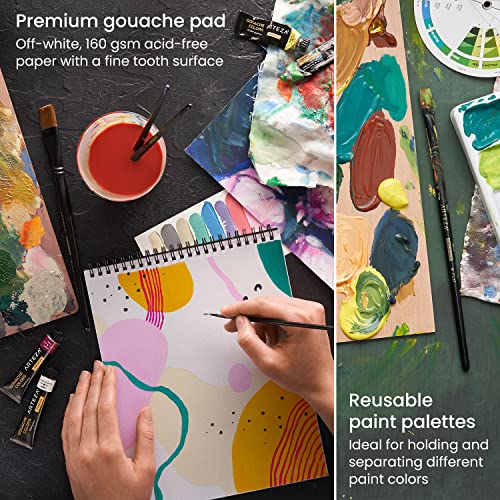 Arteza Gouache Paint Kit, 21 Pieces Art Set, 12 Gouache Art Paint Tubes, 5 Acrylic Brushes, Paper Pad, Plastic Palette, and Wooden Storage Case, Art ARTEZA