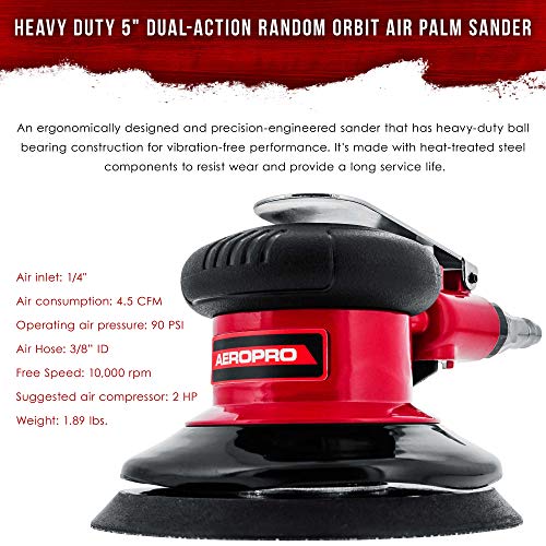 TCP Global Professional Heavy Duty 5" Dual-Action Random Orbit Air Palm Sander with Both PSA and Hook & Loop Backing Pads - Orbital Pneumatic Sanding TCP Global