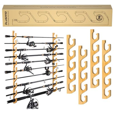 PLUSINNO WH5 Horizontal Fishing Rod/Pole Holders for Garage, Wall or Ceiling Mounted Fishing Rod Rack, Solid Wood Fishing Pole Holder Holds up to 5