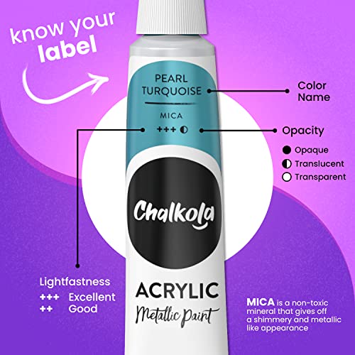 Chalkola Metallic Acrylic Paint Set for Artists, Adults & Kids - 32 Metallic Paint Tubes (22ml) (incl Gold, Silver), 10 Painting Brushes, 1 Knife, 1 Chalkola