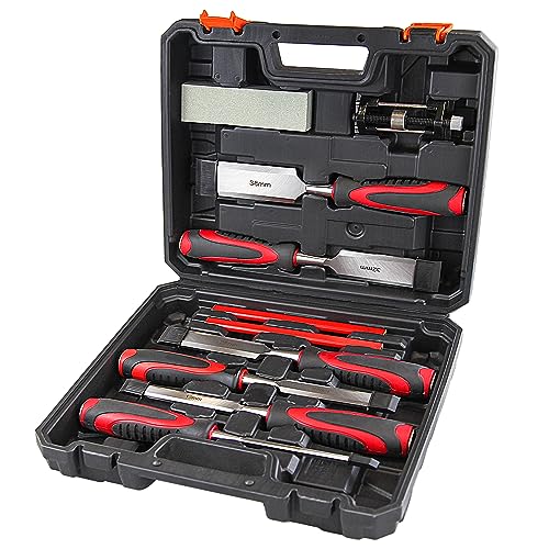 wesleydrill 10-Piece Wood Chisel Set, Wood Carving Chisels with Honing Guide, Carpenter Pencils and Sharpening Stone, CR-V Steel (1/4", 1/2", 3/4", wesleydrill