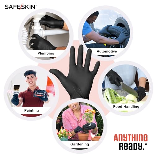 SAFESKIN Heavy Duty Nitrile Disposable Gloves, Pack of 40, Powder Free, Black - Plumbing, Gardening, Painting, Food Handling SAFESKIN