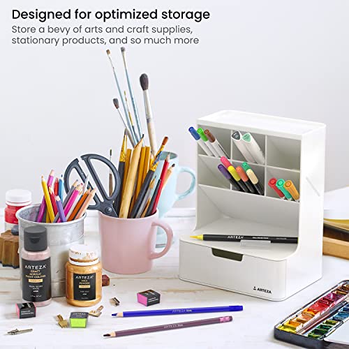 ARTEZA Desktop Pen and Marker Organizer, 6-Compartment White Pen Holder for Desk with Stationery Drawer, 5.43in x 7.09in x 9.33in, Makeup Organizer ARTEZA