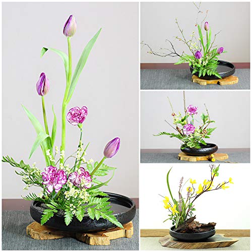 WANDIC Ikebana Flower Vase, Japanese Round Shallow Pottery Ikebana Vase Kit with 4cm Kenzan Flower Frog for Floral Arrangement Home Decoration, Black WANDIC