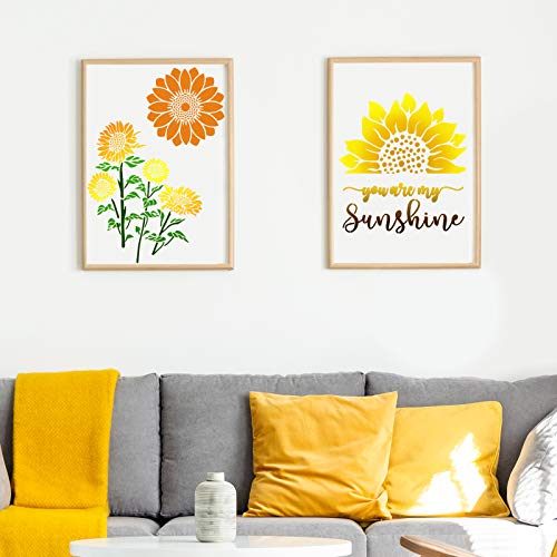 6 Pieces Sunflower Stencil Kit, Reusable Family Tree Stencil Flower Butterfly Painting Templates You are My Sunshine Stencil with Metal Open Ring for Zonon