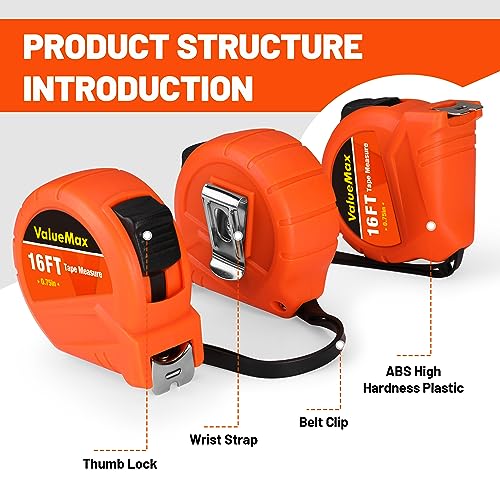 ValueMax Tape Measure 16FT with Fractions 1/8, 3 Pack Retractable Easy Read Measuring Tape, Imperial Pocket Measurement Tape with Metal Belt Clip for ValueMax