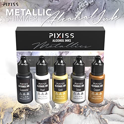 Metallic Alcohol Ink Set, Gold Alcohol Ink, Silver, Gunmetal, Copper, Pearl, Alcohol Ink Metallic Mixatives with Extreme Shimmer for Alcohol Ink Pixiss