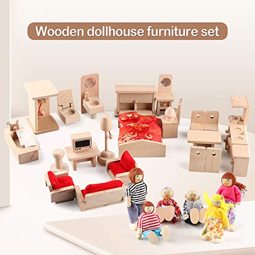 5 Set Dollhouse Furniture Accessories Wooden Bathroom/Living Room/Dining Room/Bedroom/Kitchen House 6 Family Doll Decoration Pretend Play Kids Gemileo