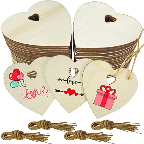 MUXGOA 60 Pcs 3" Wooden Hearts for Crafts,Natural Heart Wood Love Heart Shape Slices with 60 Pcs Natural Twine for Party Valentine's Day, Wedding, MUXGOA
