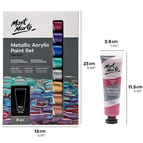 MONT MARTE Premium Metallic Acrylic Paint Set, 8 x 1.02oz (36ml) Tubes, 8 Colors, Suitable for Most Surfaces Including Canvas, Card, Paper and Wood MONT MARTE