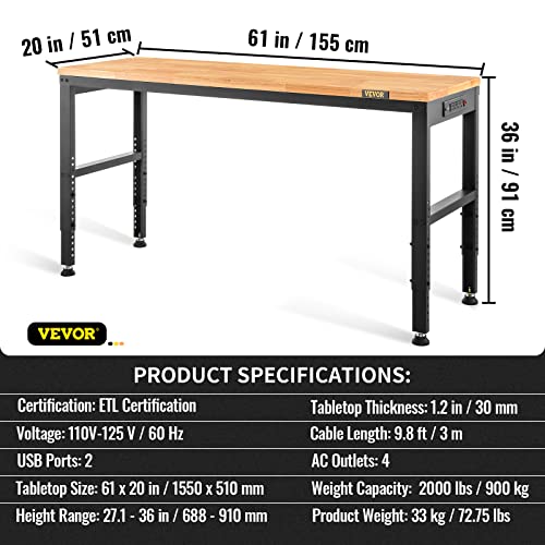 VEVOR 60" Adjustable Workbench, Heavay Duty Workstation 2000 LBS Load Capacity, with Power Outlets & Rubber Wood Top & Metal Frame & Foot Pads, for VEVOR