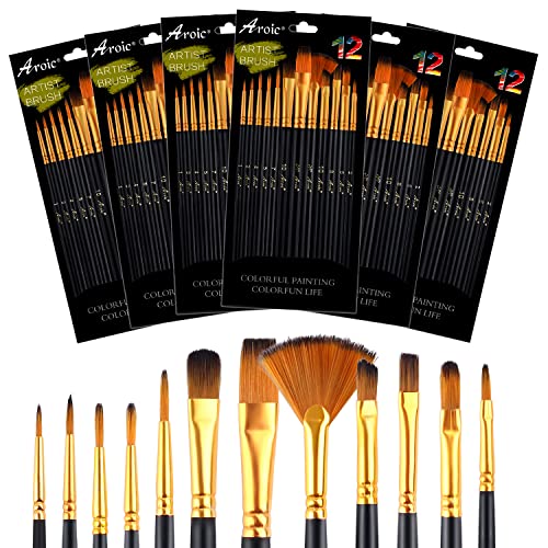 AROIC Acrylic Paint Brushes Set,6 Packs / 72 Pcs Nylon Hair Brushes for All Purpose Oil Watercolor Painting Artist Professional Kits. AROIC