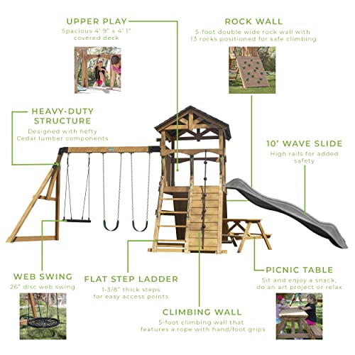 Backyard Discovery Endeavor II All Cedar Wood Swing Set Playset for Backyard with Gray Wave Slide Climbing Wall with Rope Picnic Table Double Wide Backyard Discovery
