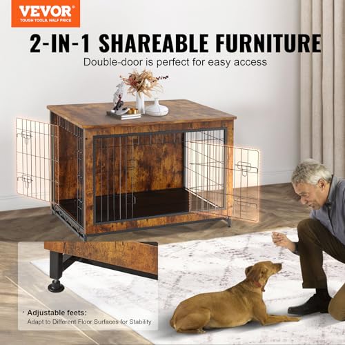 VEVOR Dog Crate Furniture, 38 inch Wooden Dog Crate with Double Doors, Heavy-Duty Dog Cage End Table with Multi-Purpose Removable Tray, Modern Dog VEVOR
