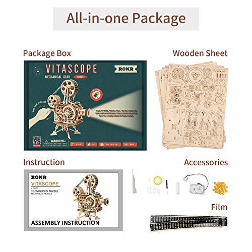 ROKR 3D Wooden Puzzles for Adults- 183pcs Mechanical Model Wooden Craft for Adults Movie Projector Gift for Adults &Teens (Vitascope) ROKR