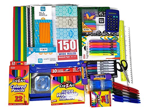 School Supplies Bundle with Markers, Sharpeners, Erasers, Glue Sticks, Earbuds, Folders, Index Cards, Highlighters, Rulers, Calculator, Scissors, Grand Bay Market