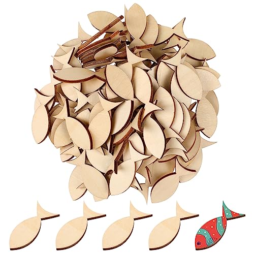 VICASKY 100 Pcs Unfinished Wood Shavings Fish Shape Wood Slices Graffiti Wood Shavings Creative DIY Accessories for Crafts Unfinished Wooden Ocean VICASKY