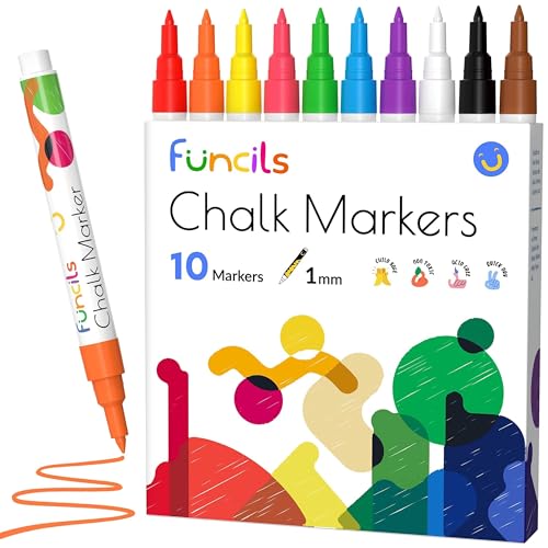 Funcils 10 Extra Fine Tip Chalk Markers for Chalkboard Signs, Blackboard, Window, Labels, Bistro, Glass, Car (10 Pack, 1mm) - Wet Wipe Erasable Ink Funcils