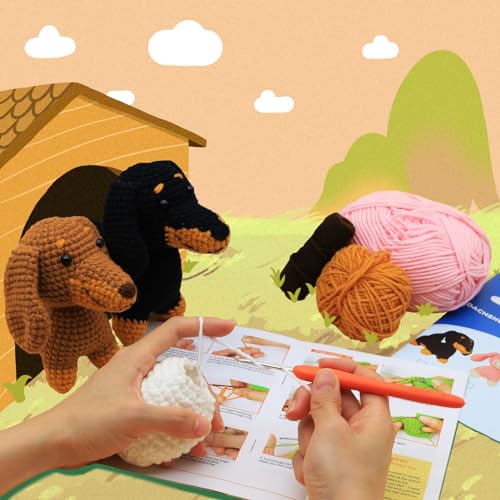 Nikolle Crochet Kit for Beginners with Step-by-Step Video Tutorials Crochet Animal Kit Crochet Starter Kits for Adults Kids - Dachshund(Brown) Nikolle