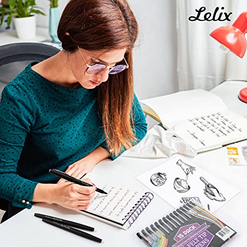 Lelix Felt Tip Pens, 15 Black Pens, 0.7mm Medium Point Felt Pens, Felt Tip Markers Pens for Journaling, Writing, Note Taking, Planner, Perfect for Lelix