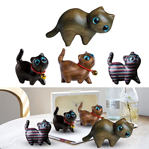 4Pcs Sandalwood Hand Carved Wood Cat, Handmade Wood Carved Cats Hand Carved Kitten Pet Sandalwood Decoration Handmade Wood Carved Cats Cute Cat SYWAN