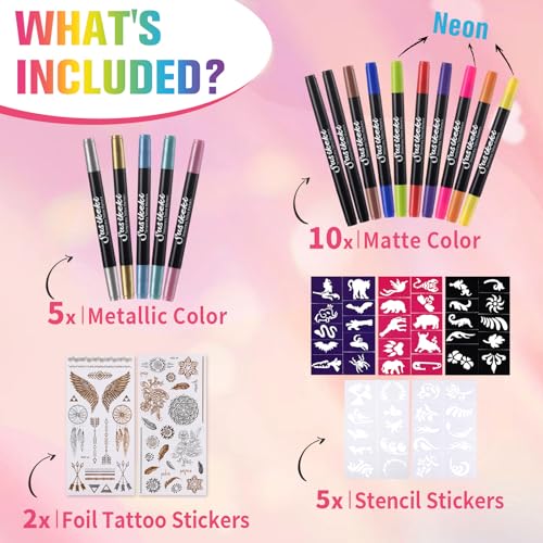 Temporary Tattoo Markers for Skin,15PCS Dual-Ended Tattoo Pen + 50 Paint Stencils + 43 Tattoos Stickers,Glitter & Matte & Neon Glow Body Marker Set, SUSIKEKI